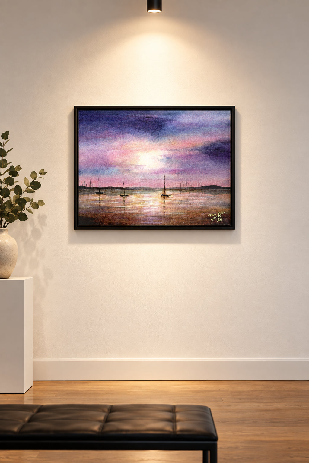 Sunset Harbor Framed Poster — Sailboats at Dusk Watercolor Wall Art