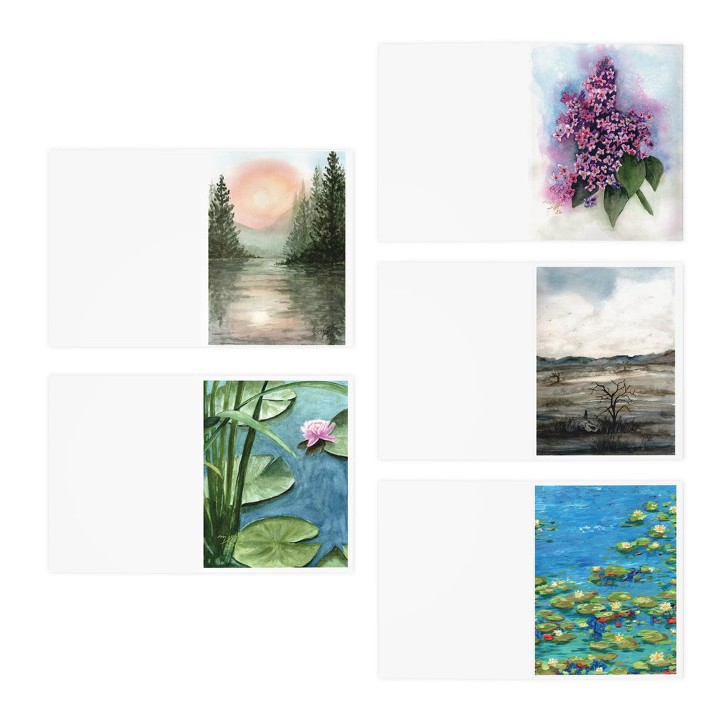 Watercolor Nature Greeting Cards (5-Pack) — Scenic Lily Pad, Lilac & Lakeside Note Cards