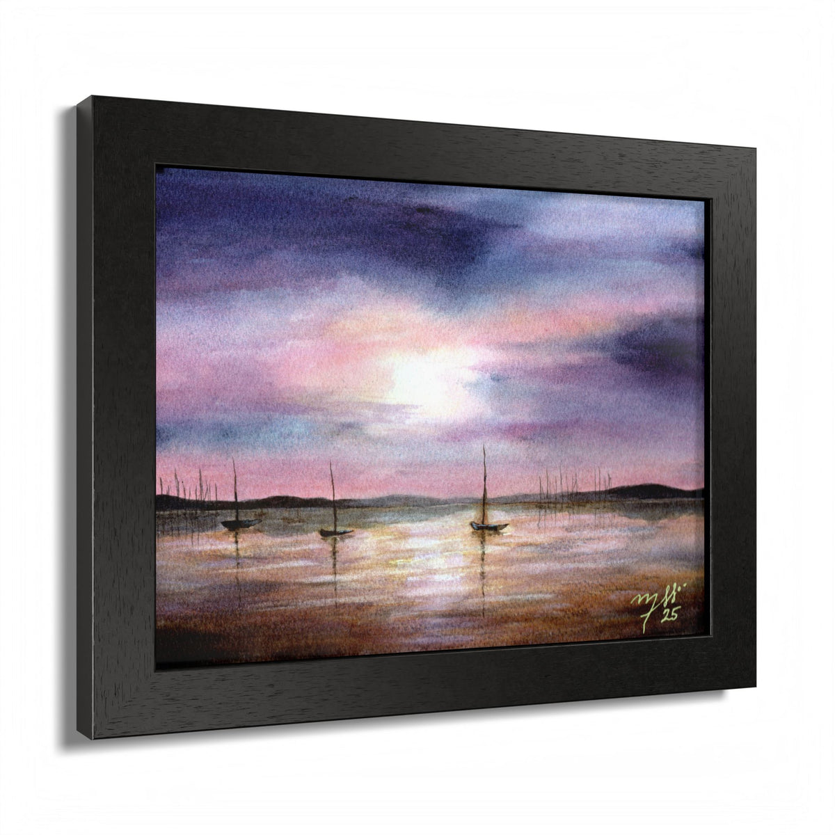Sunset Harbor Framed Poster — Sailboats at Dusk Watercolor Wall Art