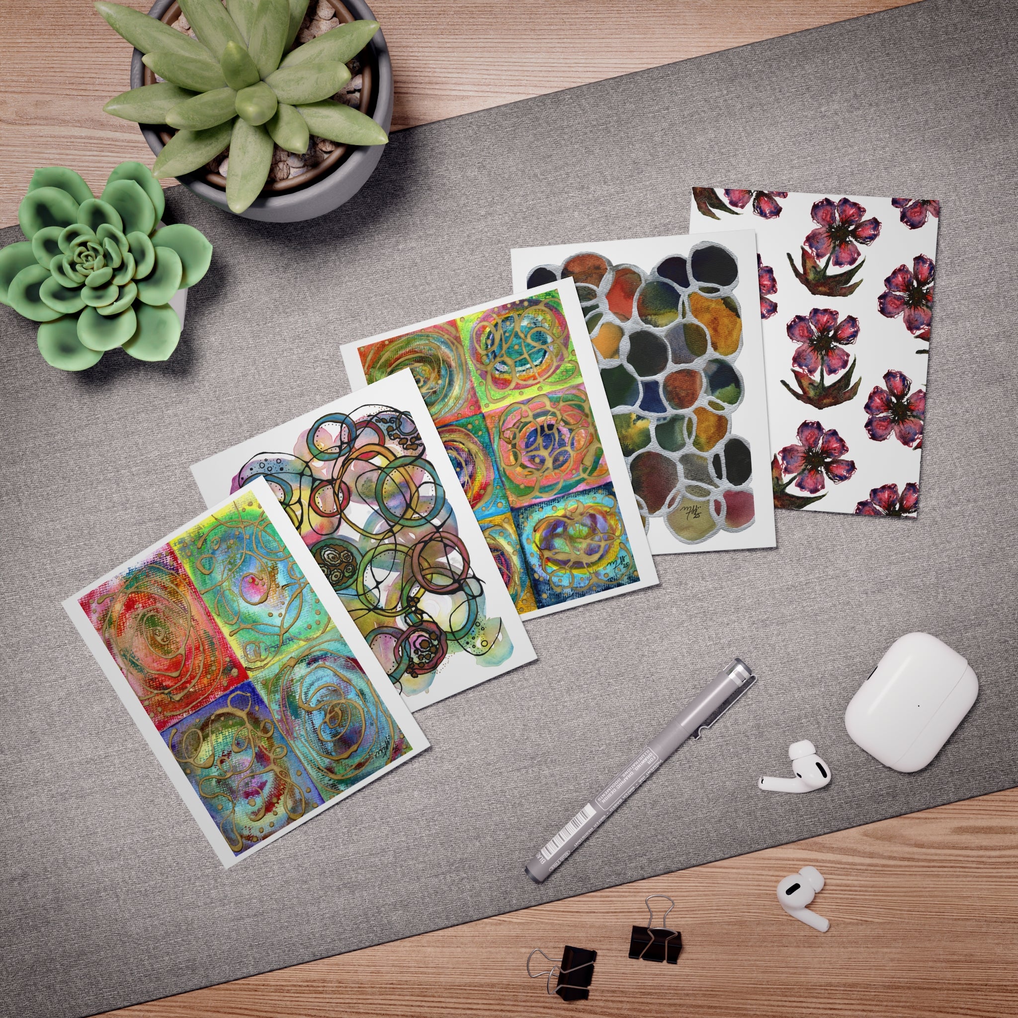 Abstract Watercolor Greeting Cards (5-Pack) — Colorful Floral & Geometric Note Cards