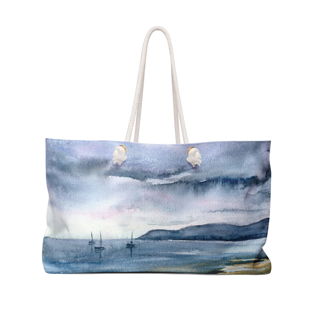 Coastal Watercolor Weekender Bag – Blue Seascape Travel Tote
