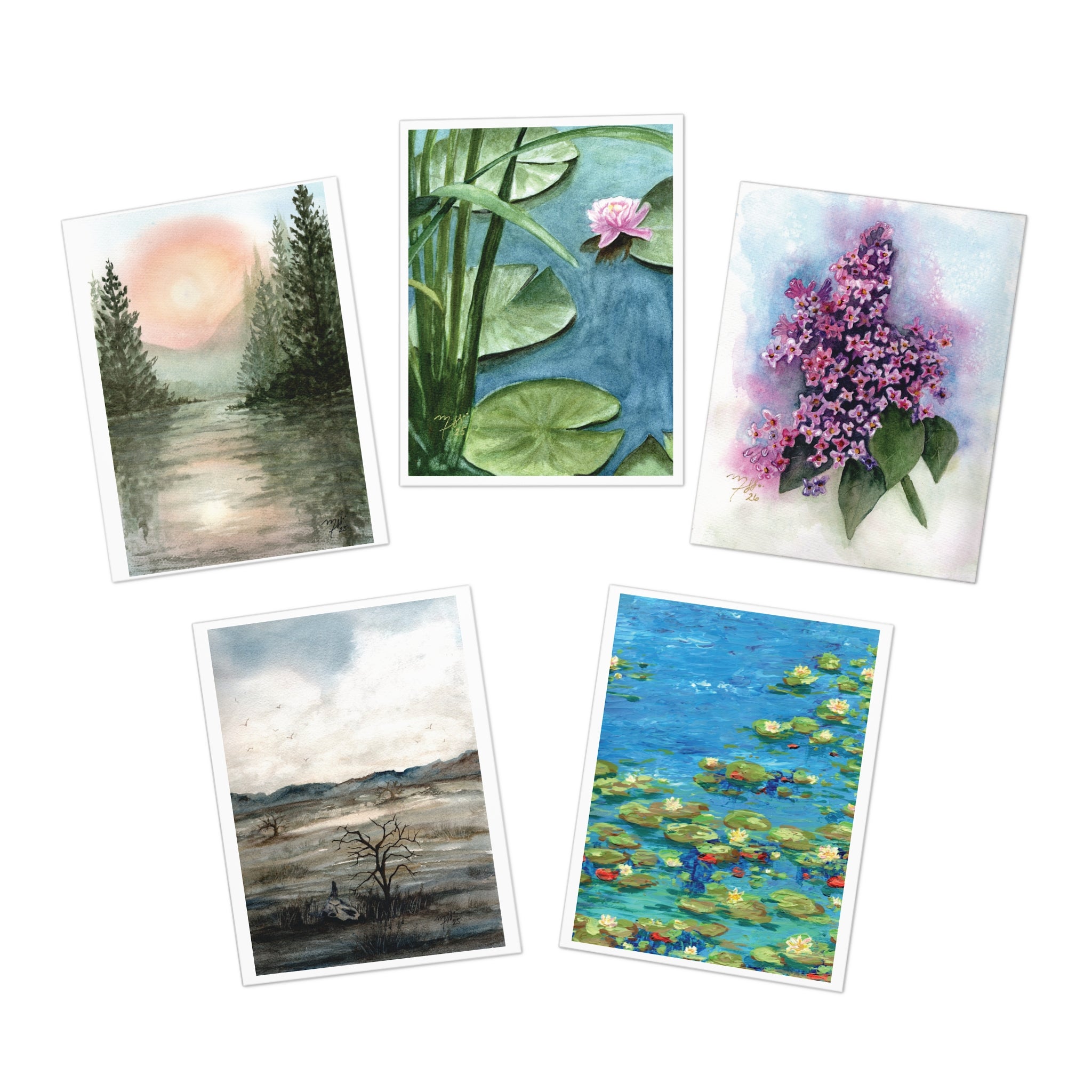 Watercolor Nature Greeting Cards (5-Pack) — Scenic Lily Pad, Lilac & Lakeside Note Cards
