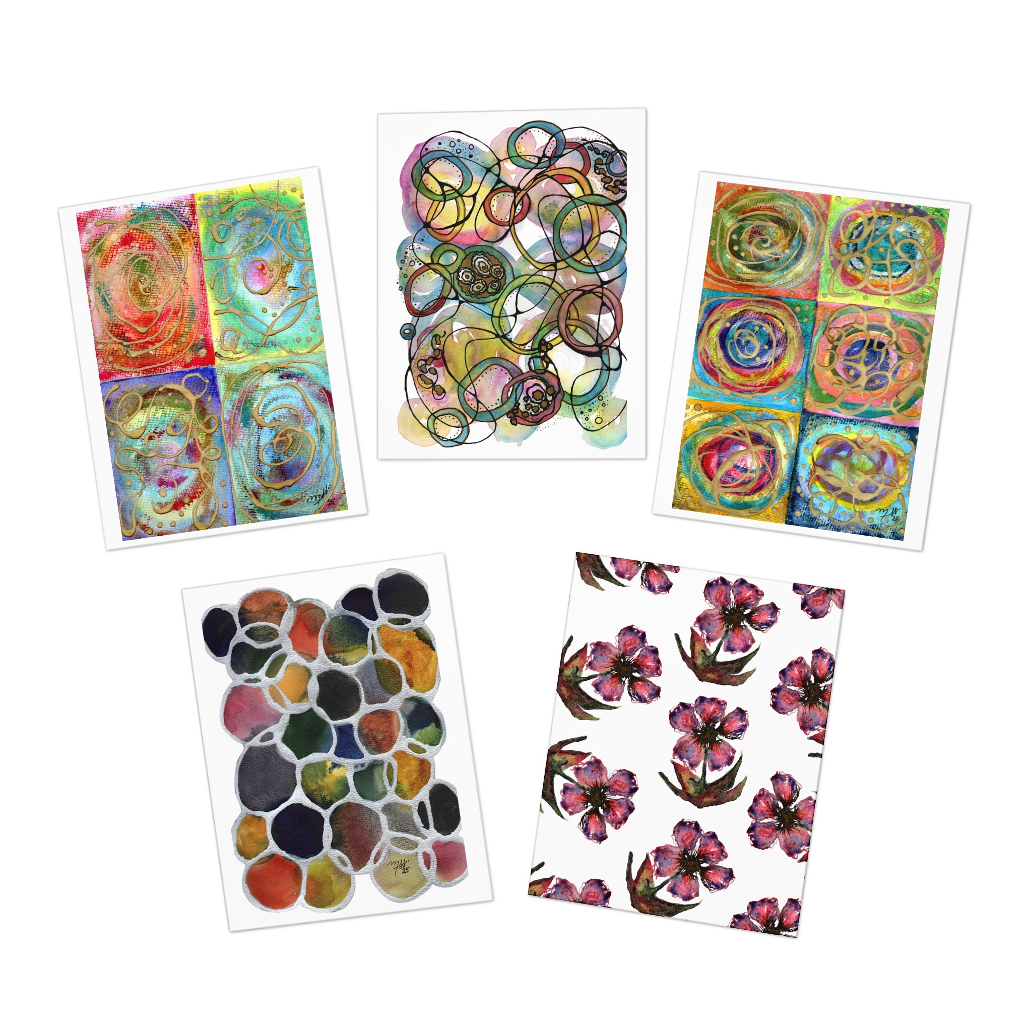 Abstract Watercolor Greeting Cards (5-Pack) — Colorful Floral & Geometric Note Cards