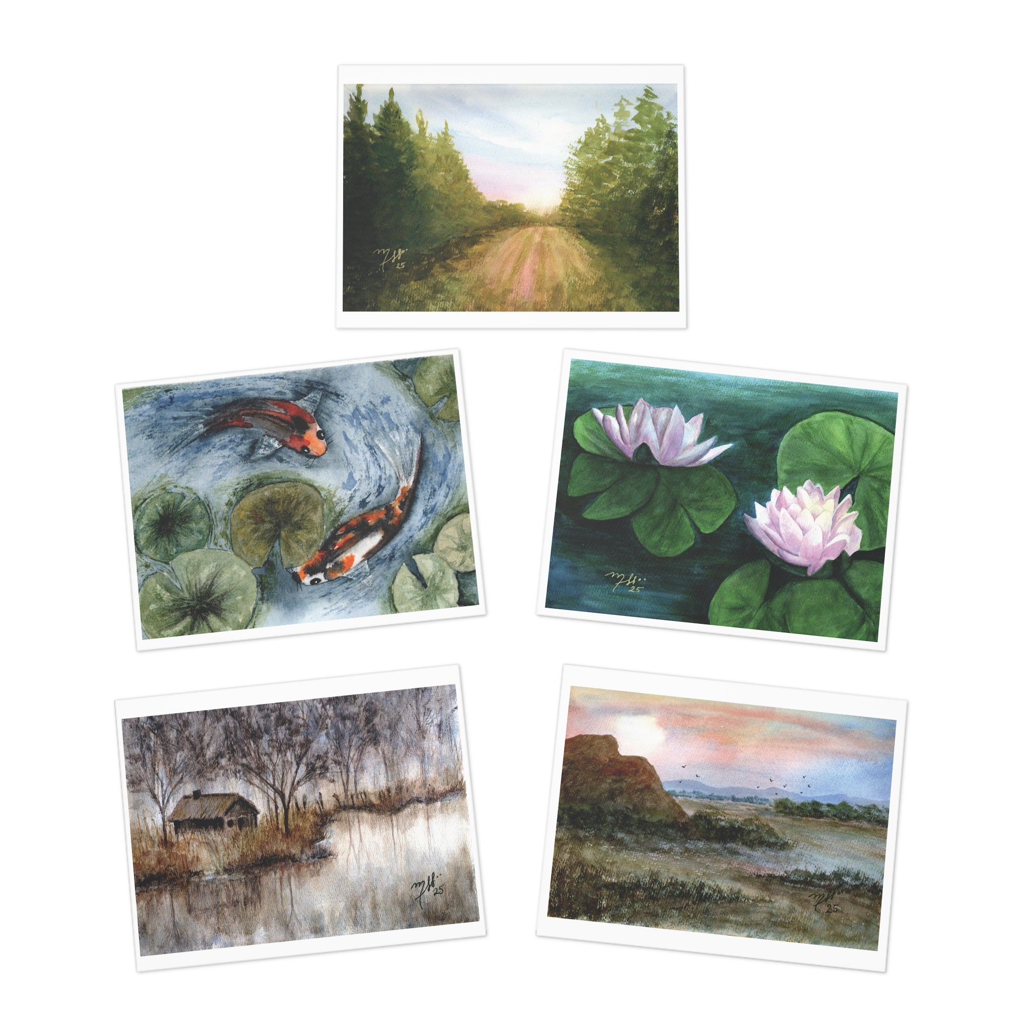Nature Art Greeting Cards (5-Pack) — Scenic Landscapes, Koi & Waterlilies