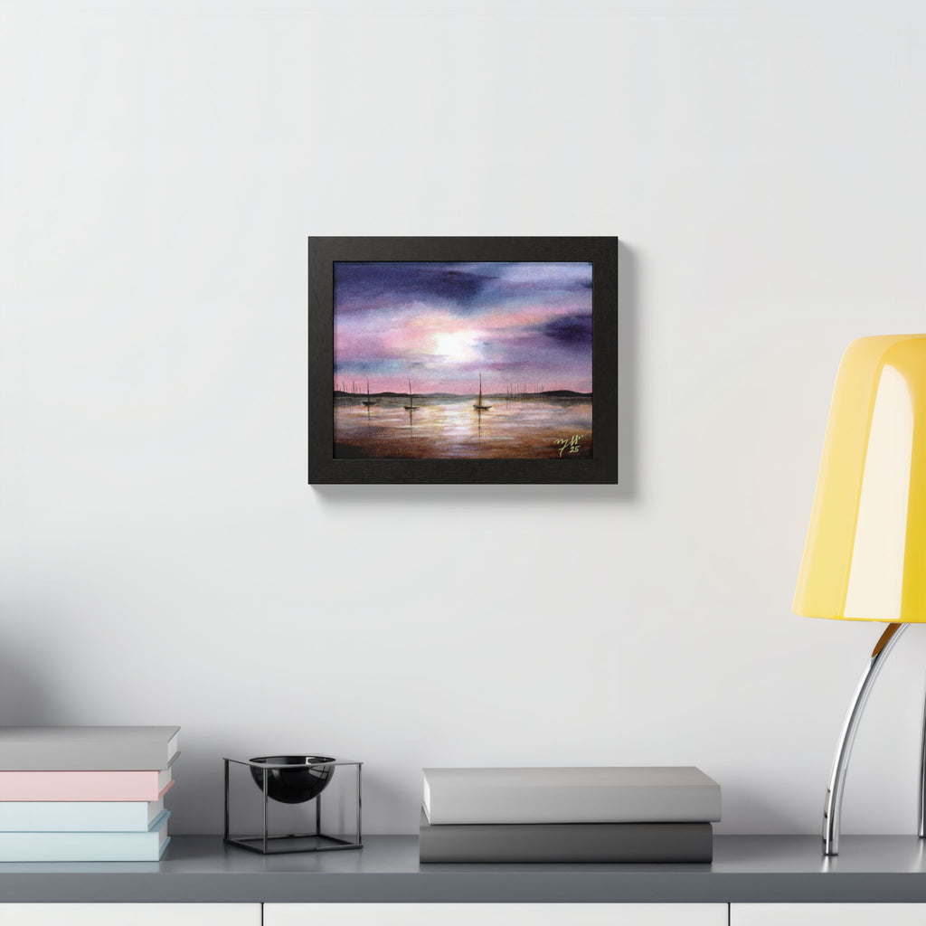 Sunset Harbor Framed Poster — Sailboats at Dusk Watercolor Wall Art