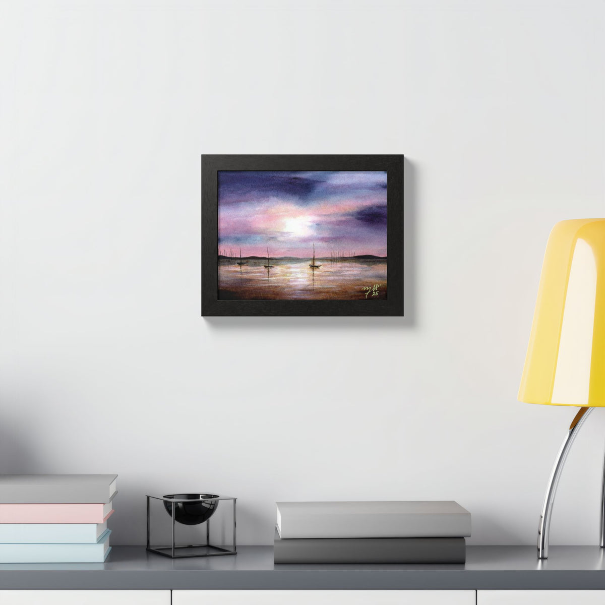 Sunset Harbor Framed Poster — Sailboats at Dusk Watercolor Wall Art