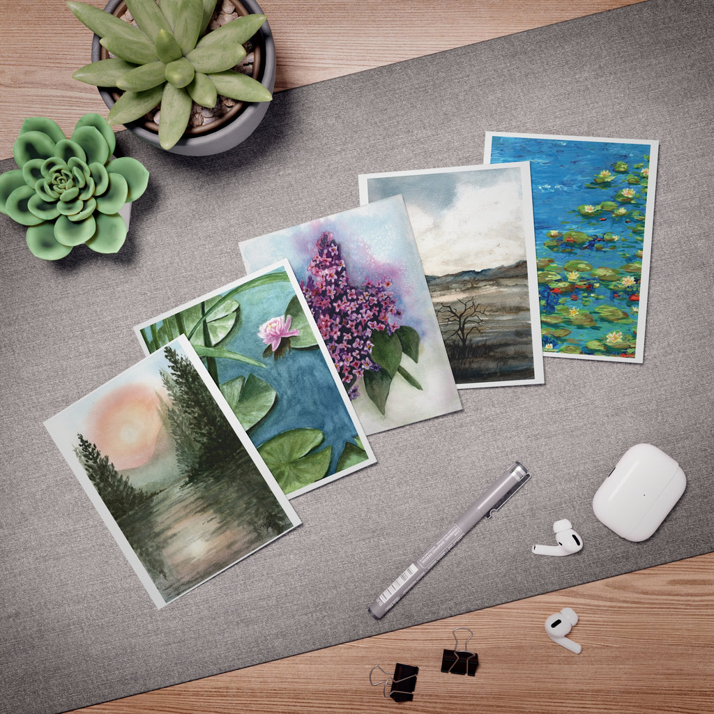 Watercolor Nature Greeting Cards (5-Pack) — Scenic Lily Pad, Lilac & Lakeside Note Cards