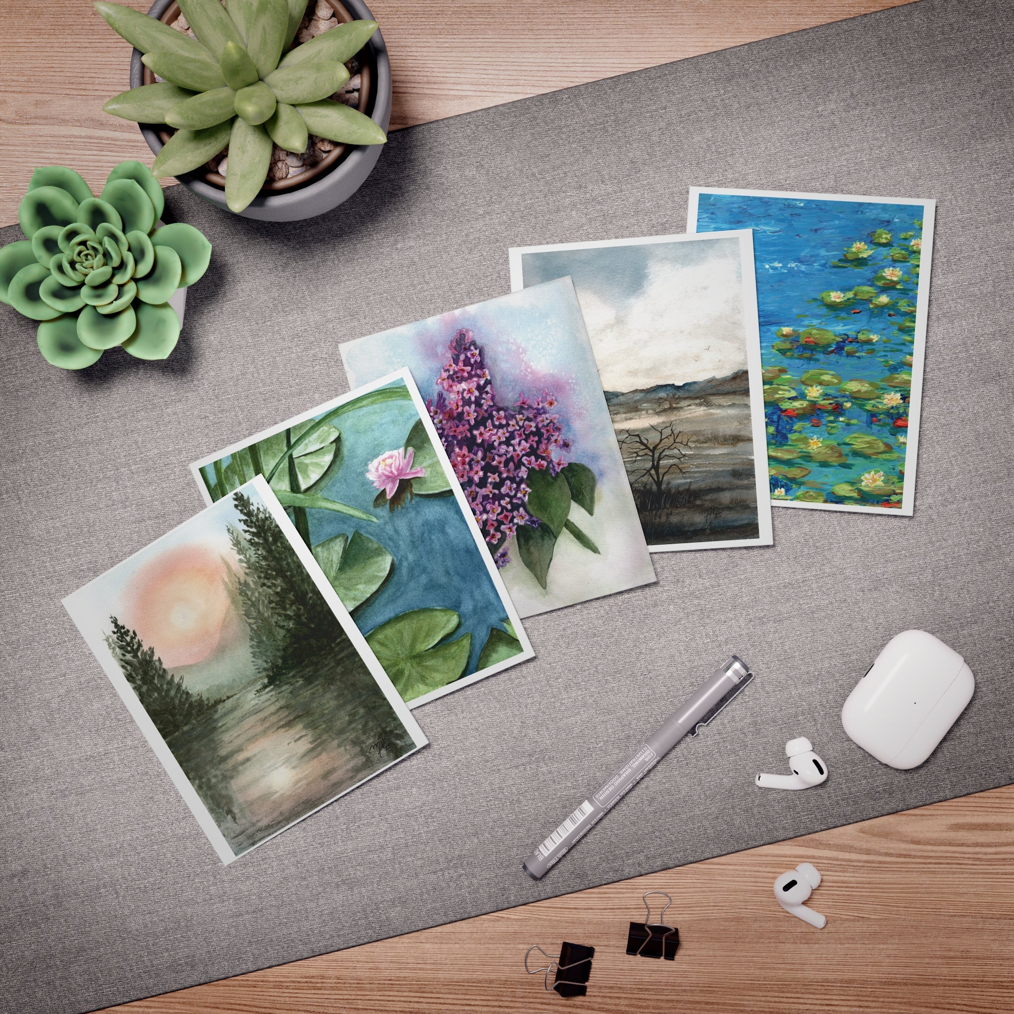 Watercolor Nature Greeting Cards (5-Pack) — Scenic Lily Pad, Lilac & Lakeside Note Cards