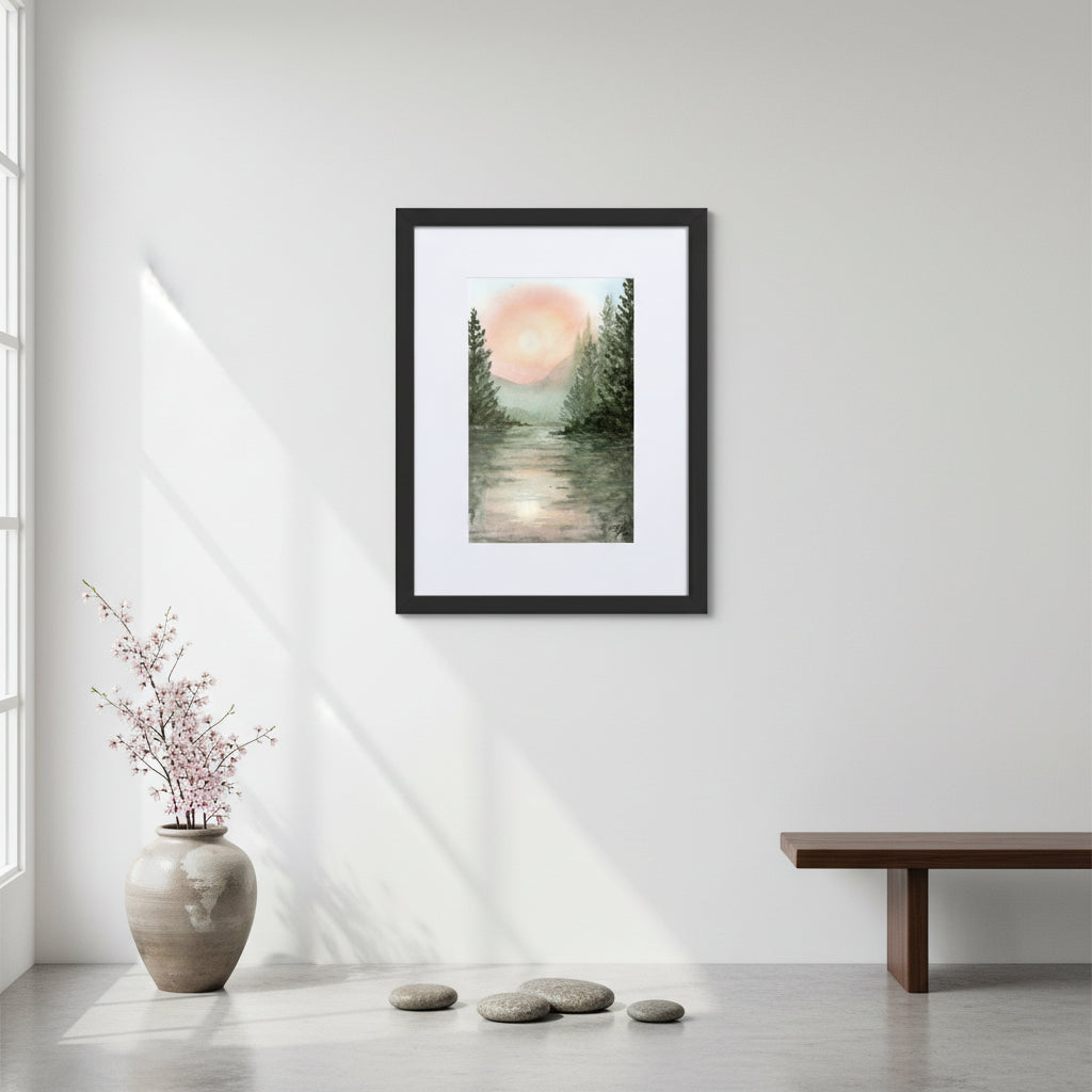 Original Watercolor: Peacful Mountain Sunrise - Framed Print with Mat